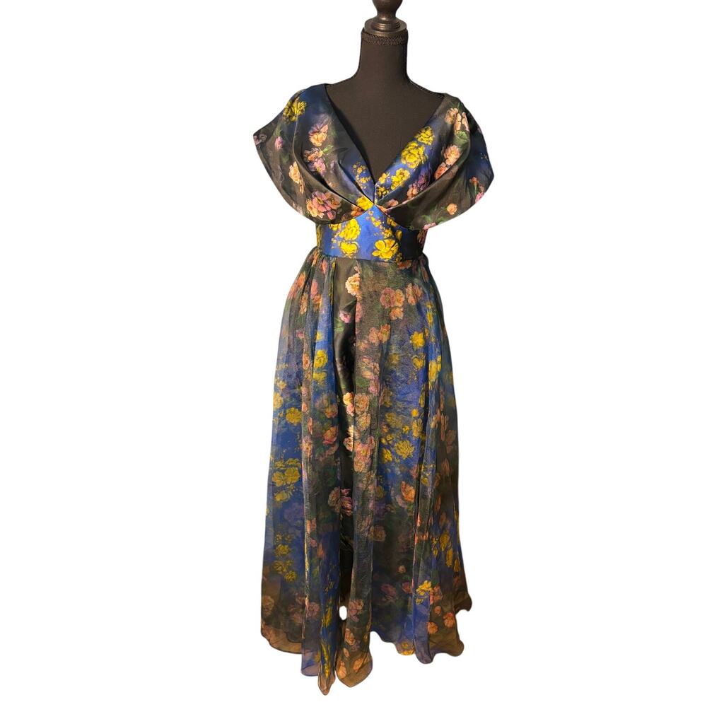 Theia Nadia Nightfall Garden Floral Organza Gown Size 6 Formal Evening flaw
